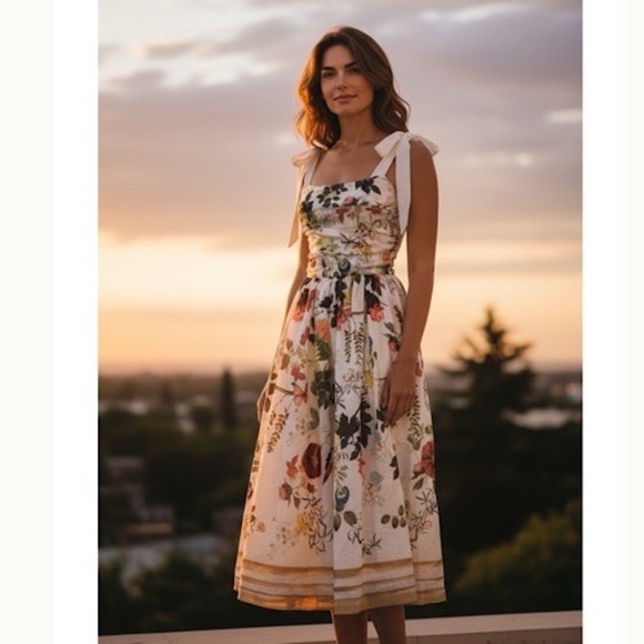 Alice & Olivia Haven Flared Midi Dress Floral White Sleeveless Broken Zip - Picture 2 of 13